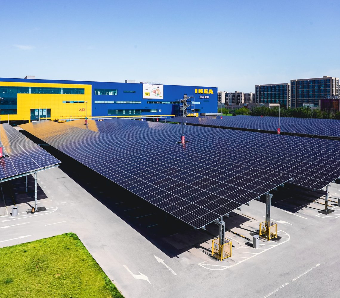 Solar panels in front of an IKEA store.