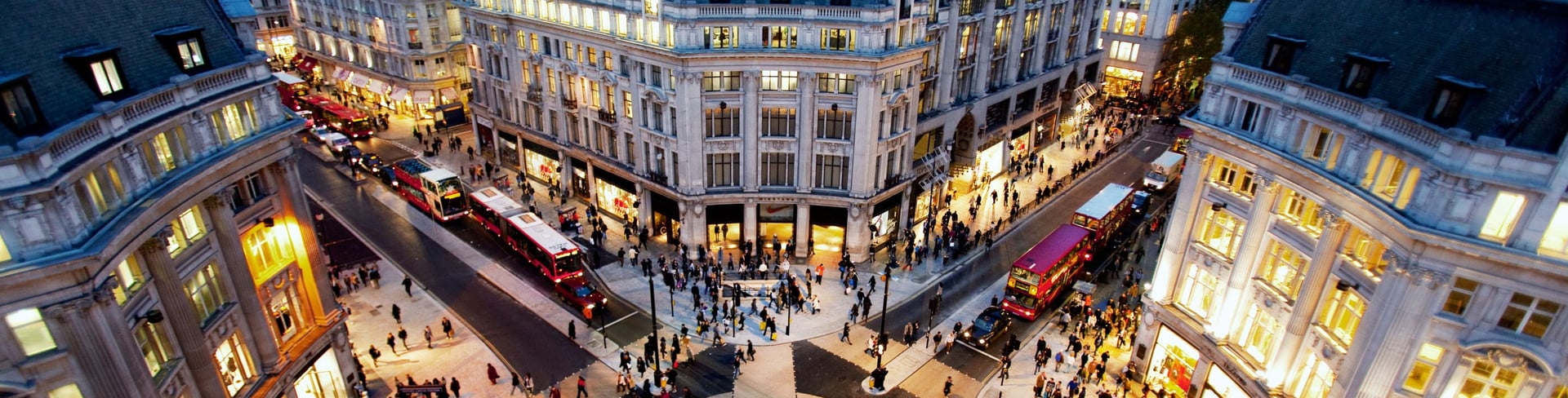 Looking down on the New Oxford Circus crossing at sunset.