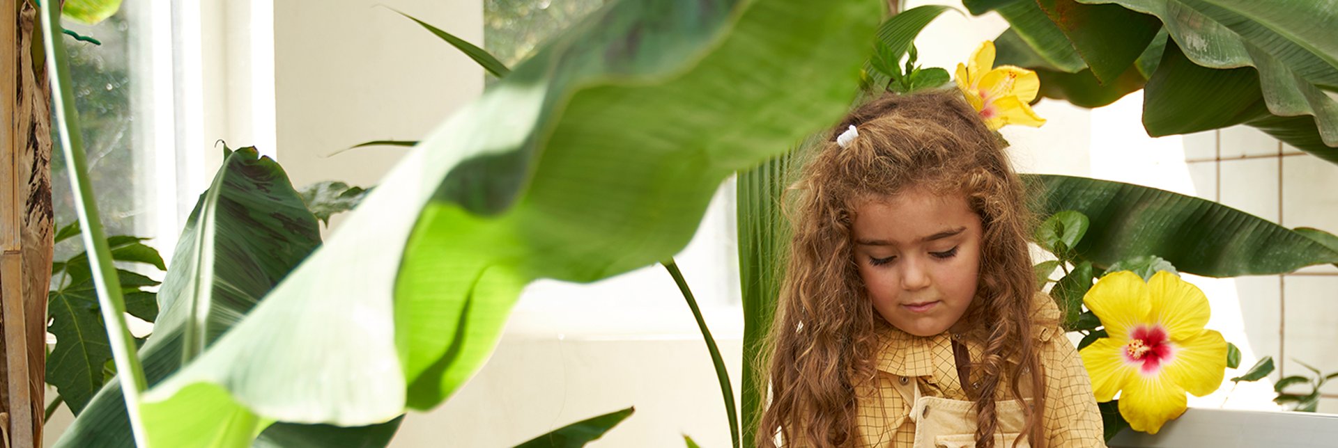 A little girl with long, curly hear wearing a yellow dress is sitting amongst large green plants and yellow hibiscus flowers.
