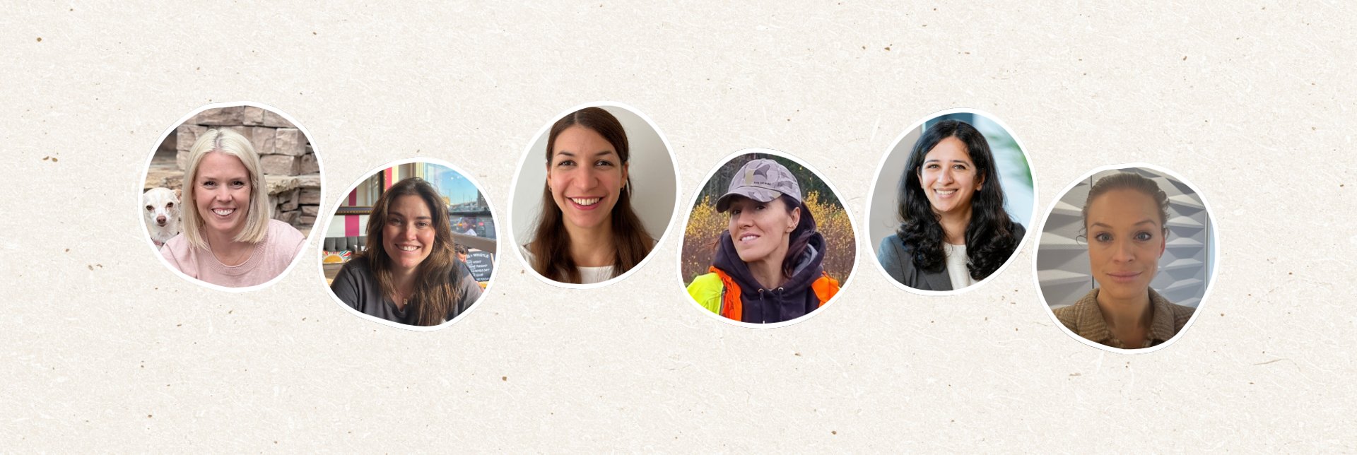 Faces of six woman in circles across the middle of the image