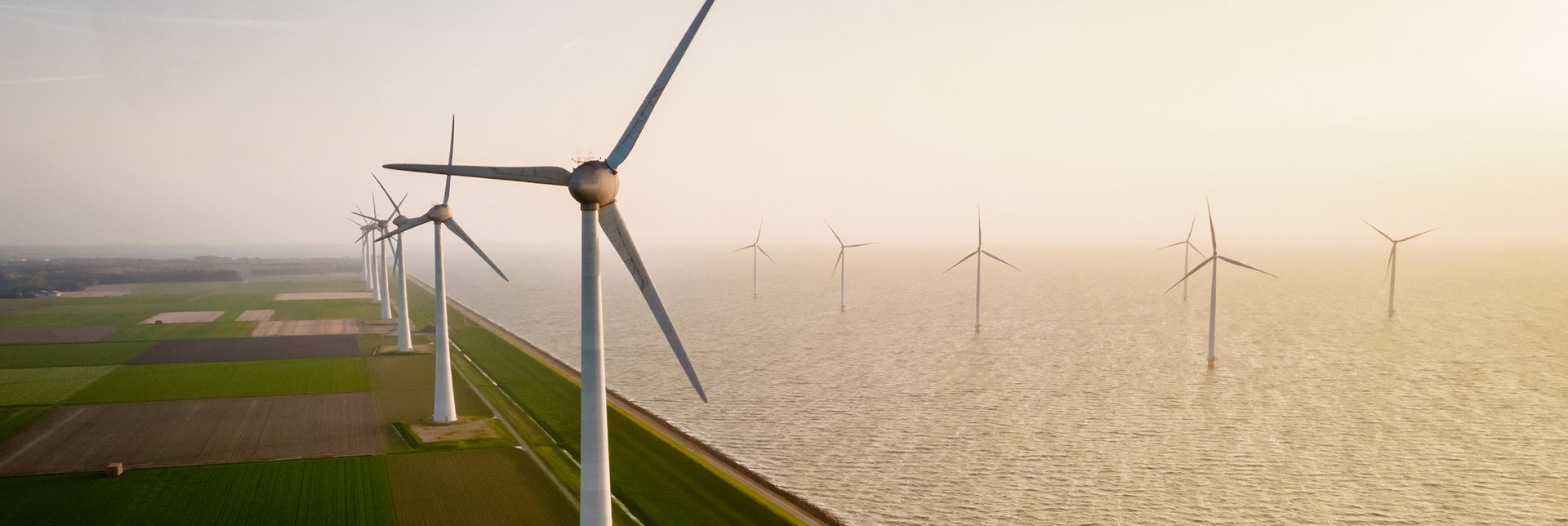Windmill turbines seen from a drone bird eye view