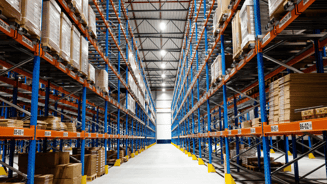 Inside customer distribution centre showing shelves of products