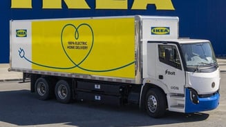 A white IKEA truck parked in front of an IKEA store