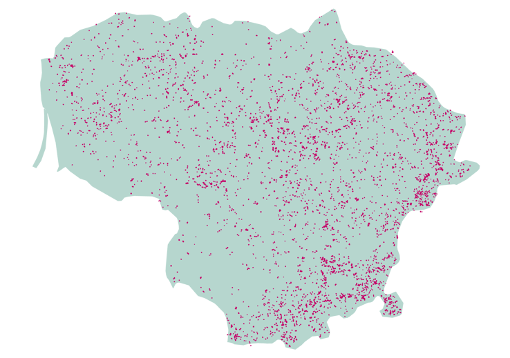 Map showing forestland in Lithuania